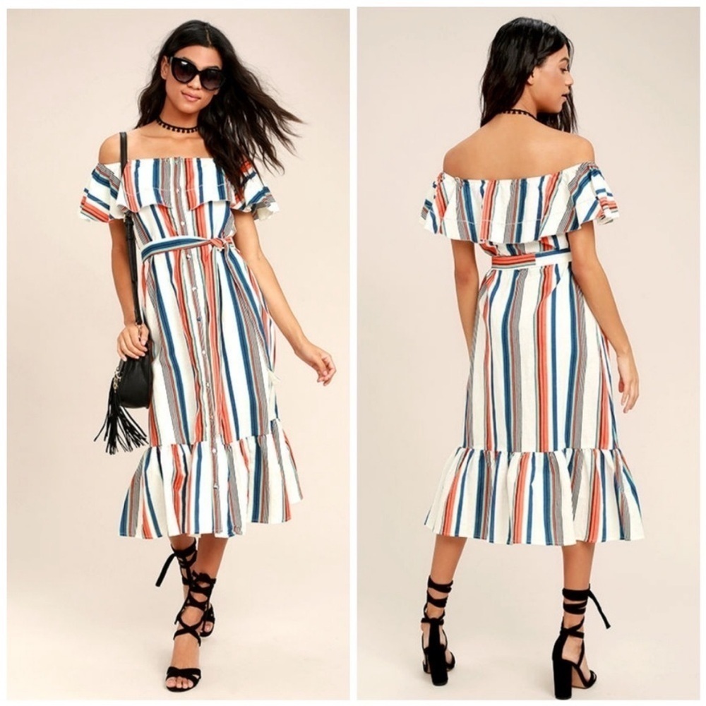Moon River Midi Dress Women’s Medium Linen Orange & Blue Stripes Flounced Hem